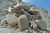 Ladakh - pile of stones on  mountain pass with the characteristc prayer flags 